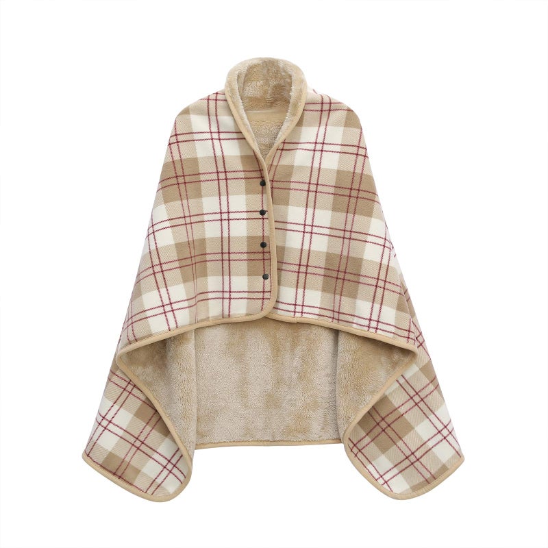 XING YE CHUAN Fleece Wearable Blanket, Comfy Poncho Throw with Buttons, Plush Sleeveless Blankets, for Women Cape Wrap Cover for Lightweight Microfiber Plaid Design (Beige) - Image 1